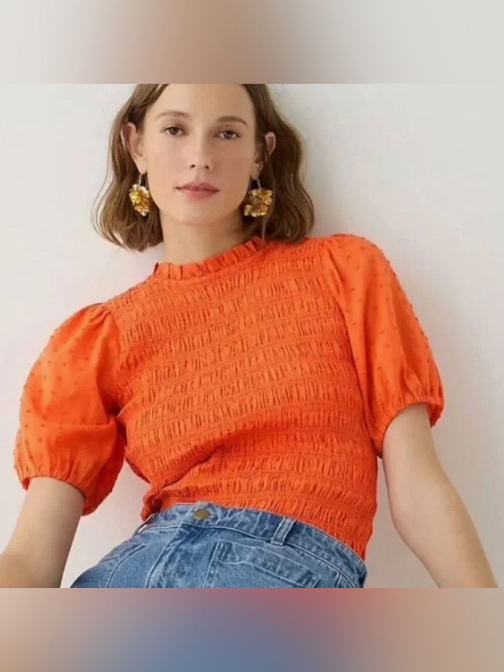 J. Crew Puff Sleeve Textured Voile Smocked Top Orange Cottagecore Preppy Large